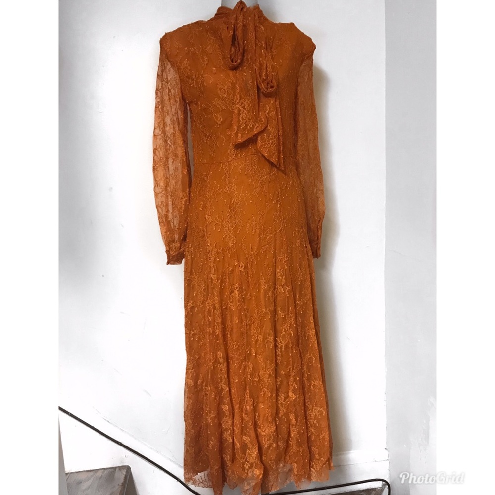 ZARA LACE DRESS WITH BOW ORANGE MUSTARD SIZES XS